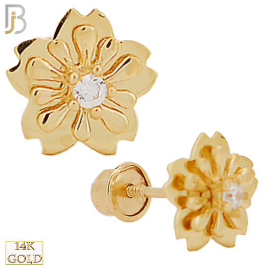 14-ES60 - 14k Solid Gold Screw Back Flower Stud Earring with Center CZ stone image 0