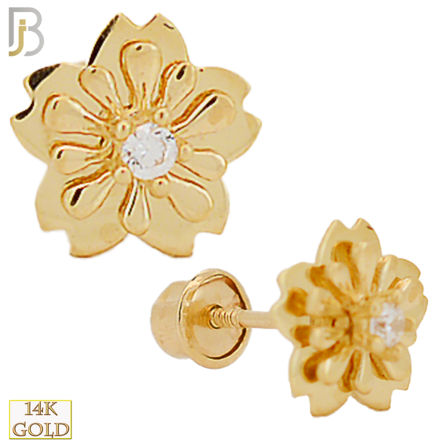 14-ES60 - 14k Solid Gold Screw Back Flower Stud Earring with Center CZ stone image 0