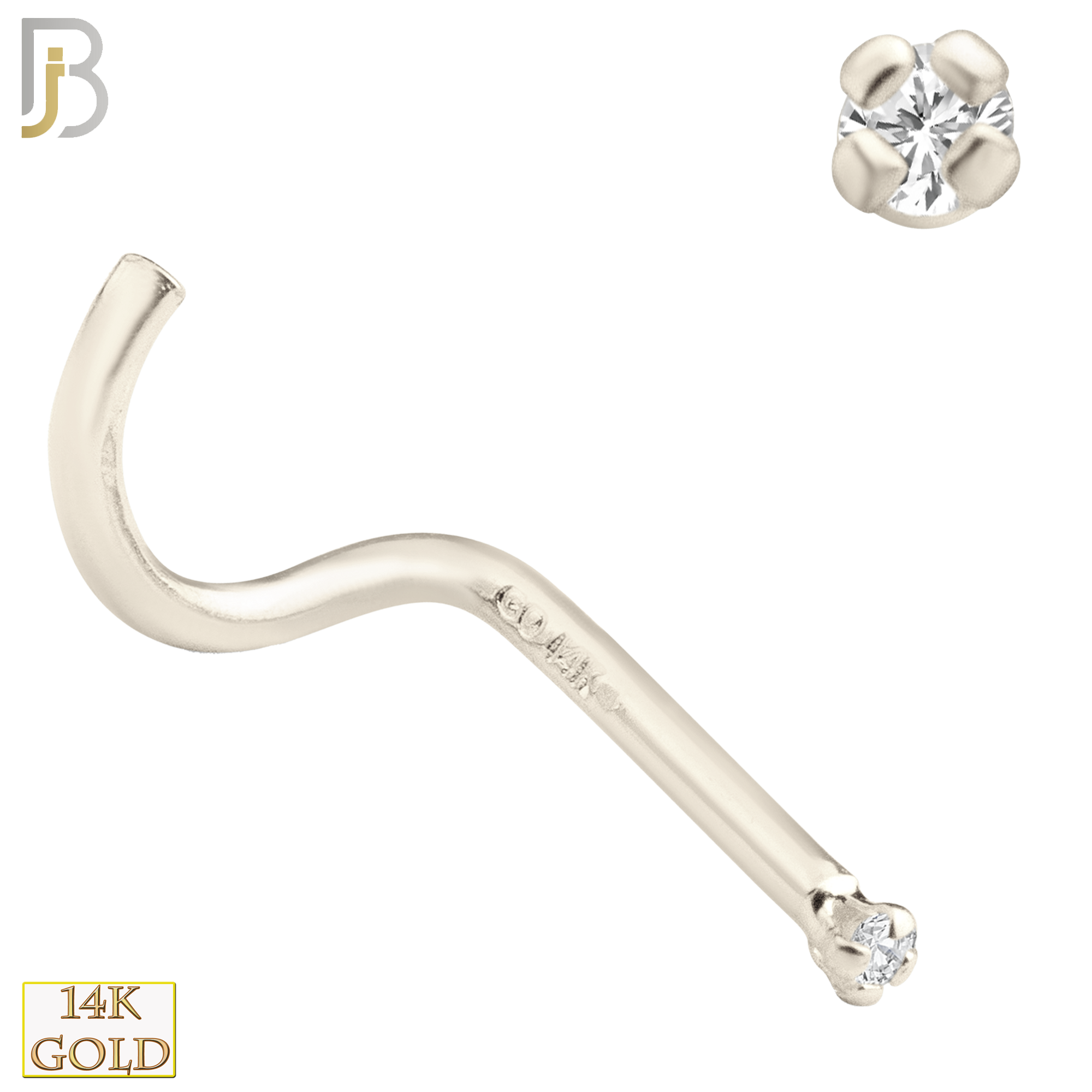 14-NR03CW-20 - 20g Thickness 14k Solid White Gold Prong Setting  Round Cubic Zircona Nose Screw, Cork Screw image 1