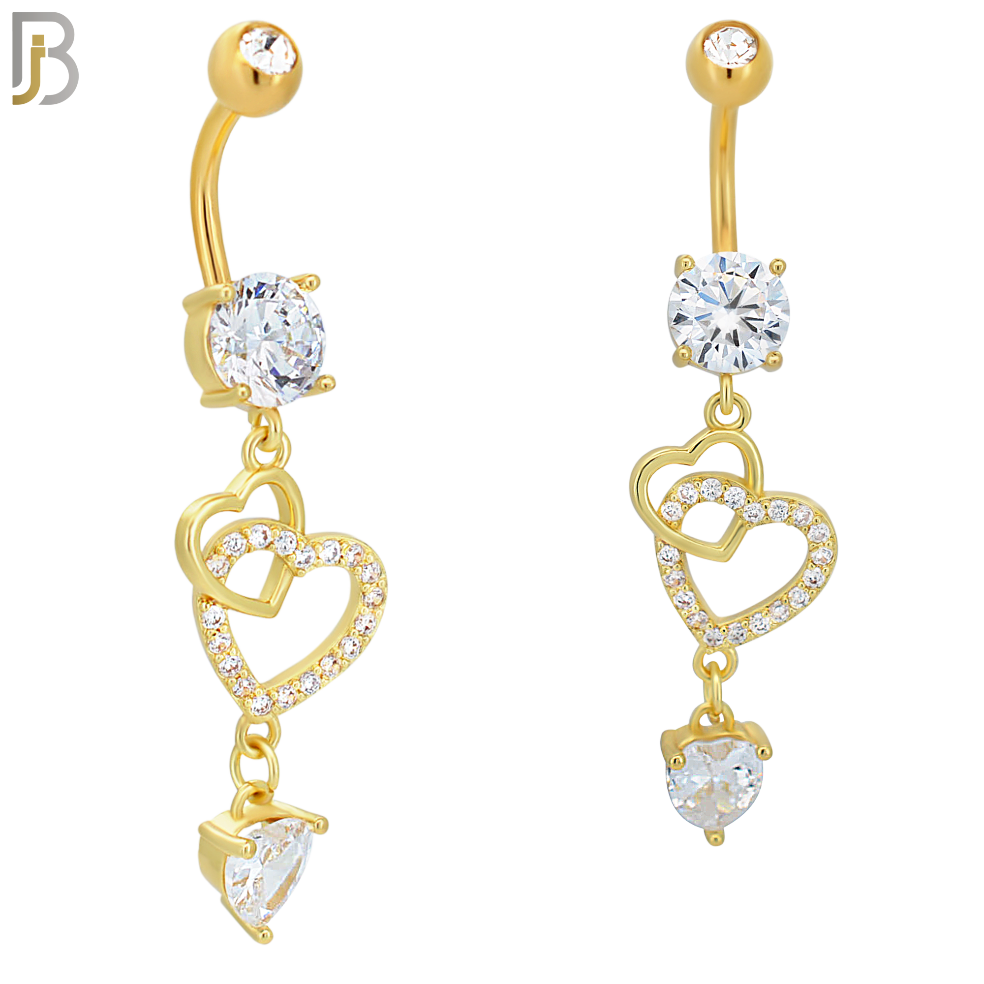 N099  - 316L Stainless Steel Round Zircon with Dangling Linked Hollow Hearts and Heart Shaped Zircon Belly Rings image 2