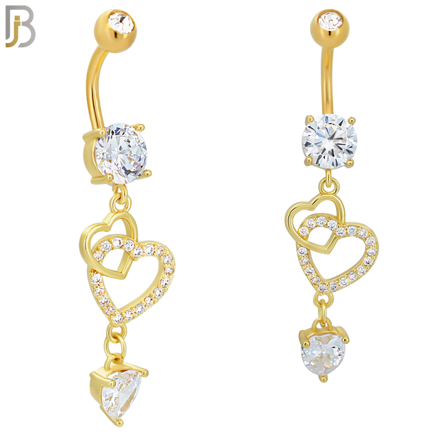 N099  - 316L Stainless Steel Round Zircon with Dangling Linked Hollow Hearts and Heart Shaped Zircon Belly Rings image 2