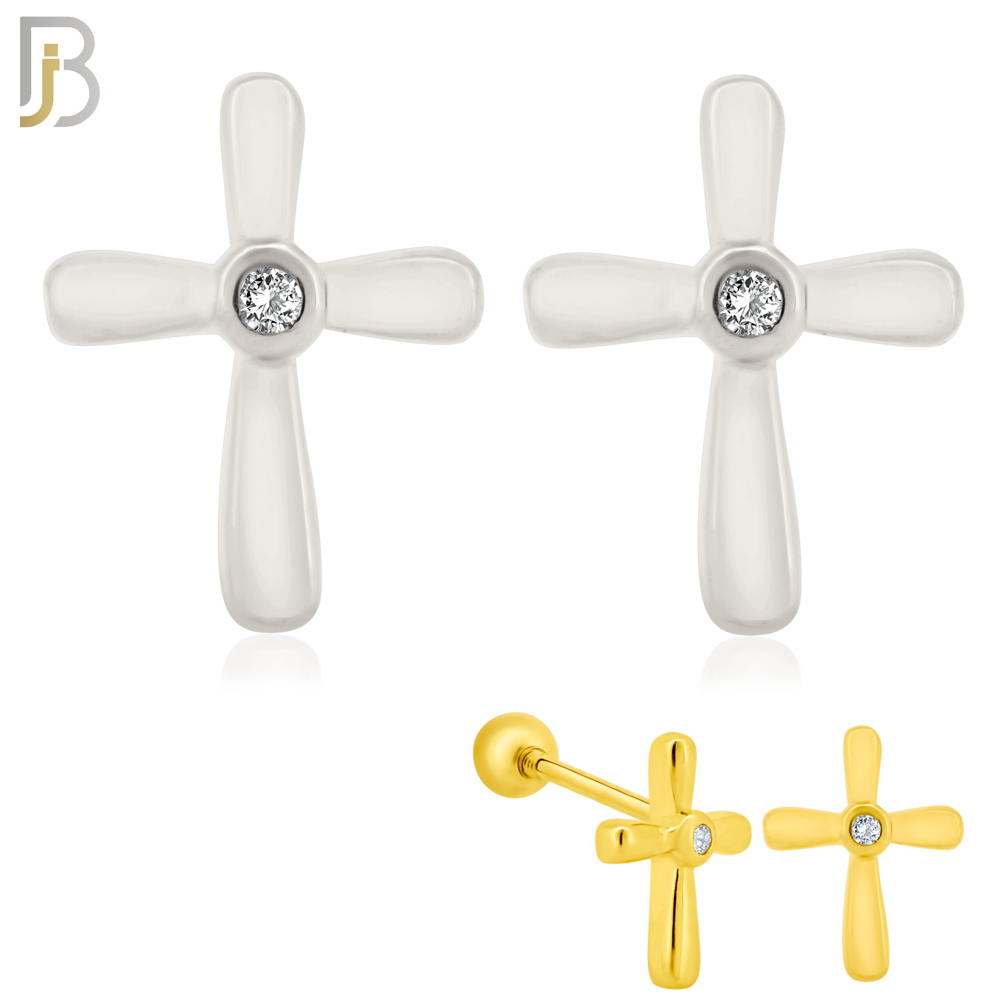 925-ES67 - Screw Ball Back - .925 Sterling Silver Cross Design Bezel Zircon Earring Stud image 0