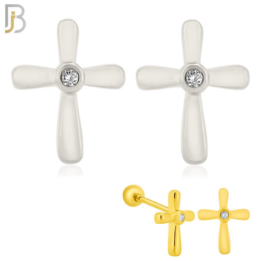 925-ES67 - Screw Ball Back - .925 Sterling Silver Cross Design Bezel Zircon Earring Stud image 0