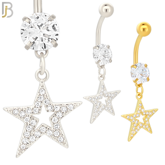 N019 - 316L Stainless Steel Dangling Oblique Hollow Star with Multi CZ Belly Ring image 0