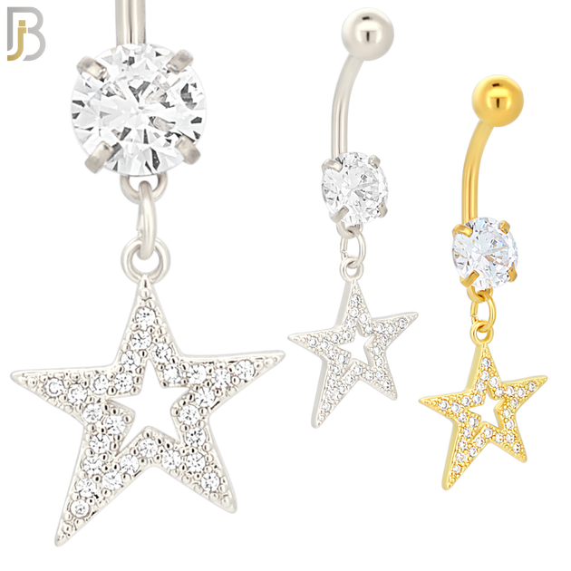 N019 - 316L Stainless Steel Dangling Oblique Hollow Star with Multi CZ Belly Ring image 0