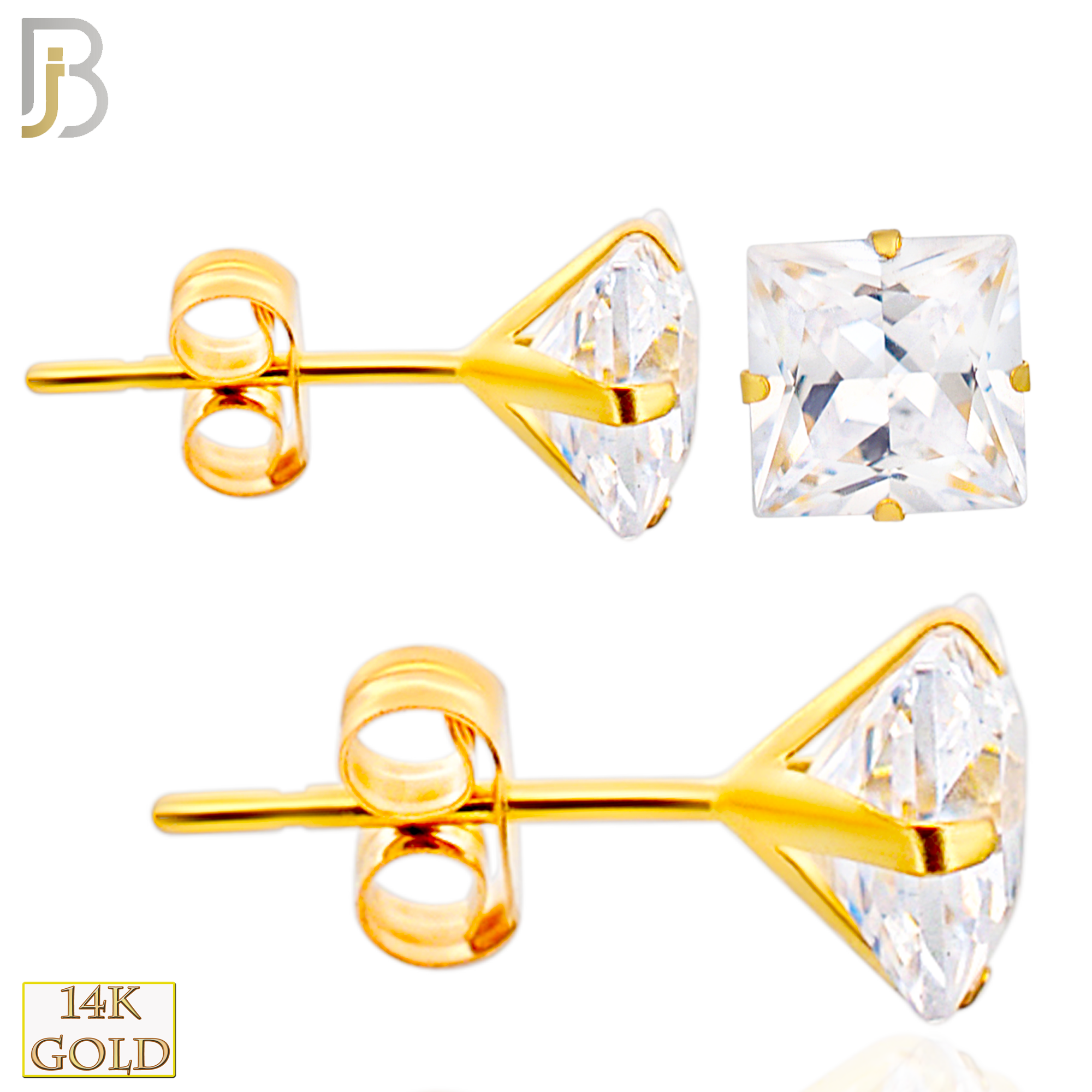14-ES08SYC - 14K Yellow Gold Earring Stud Push Back Stamping Prong Setting with Square Clear Zircon image 0