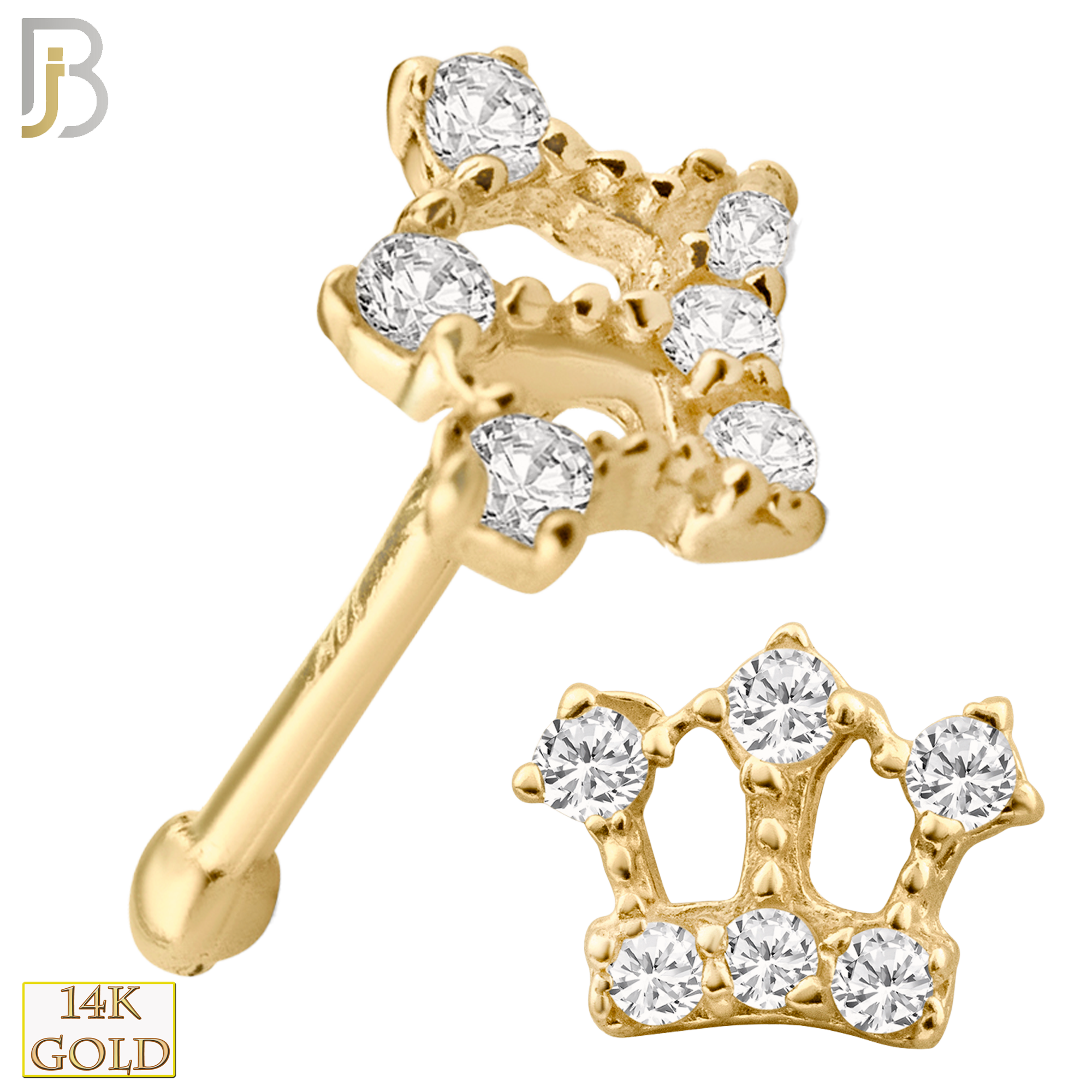 14-NR16 - 14k Solid Gold Nose Bone Crown with Zircon Design - Yellow Gold image