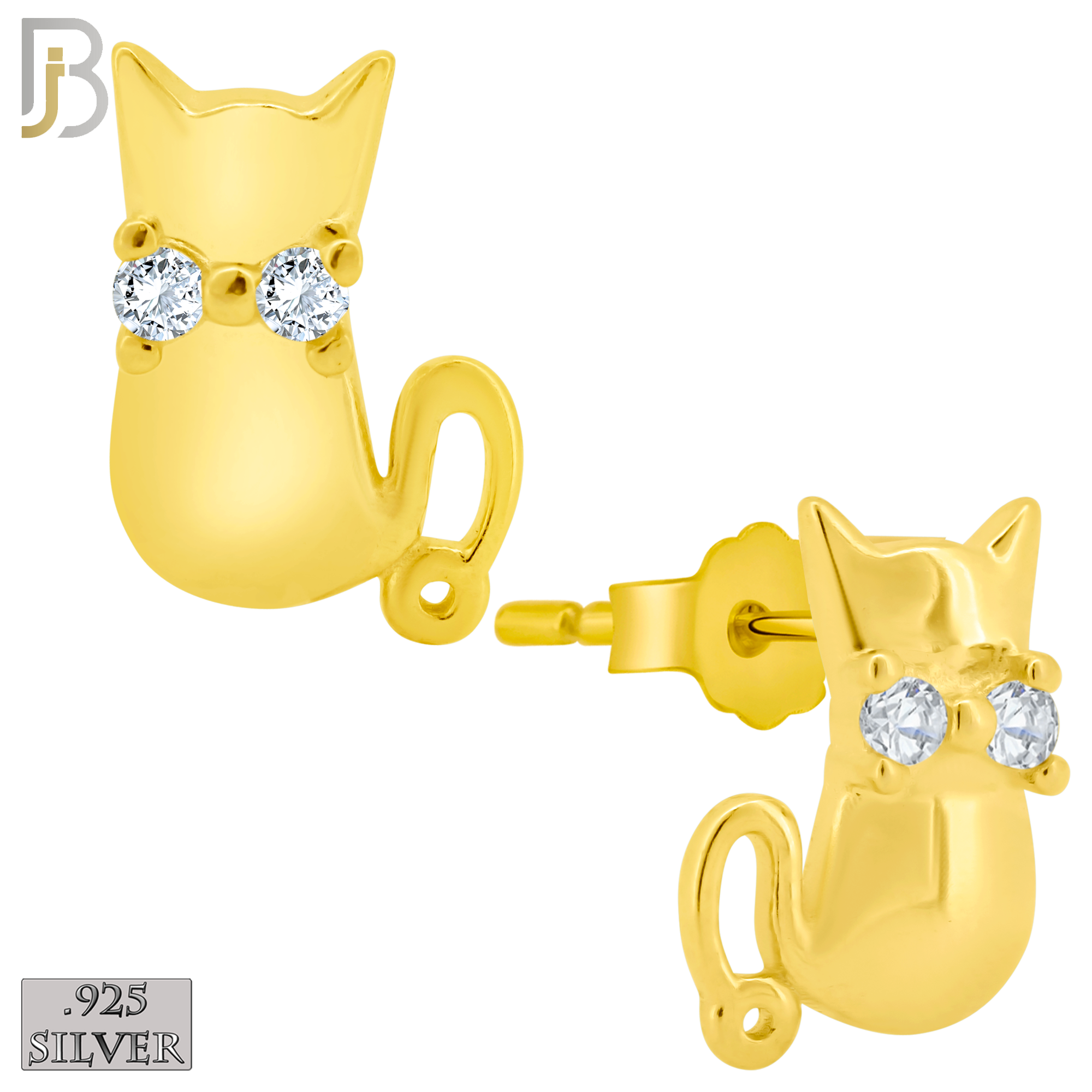 925-ES202 - Push Back - .925 Sterling Silver Cat Design Earring Stud with Clear Zircon image 2