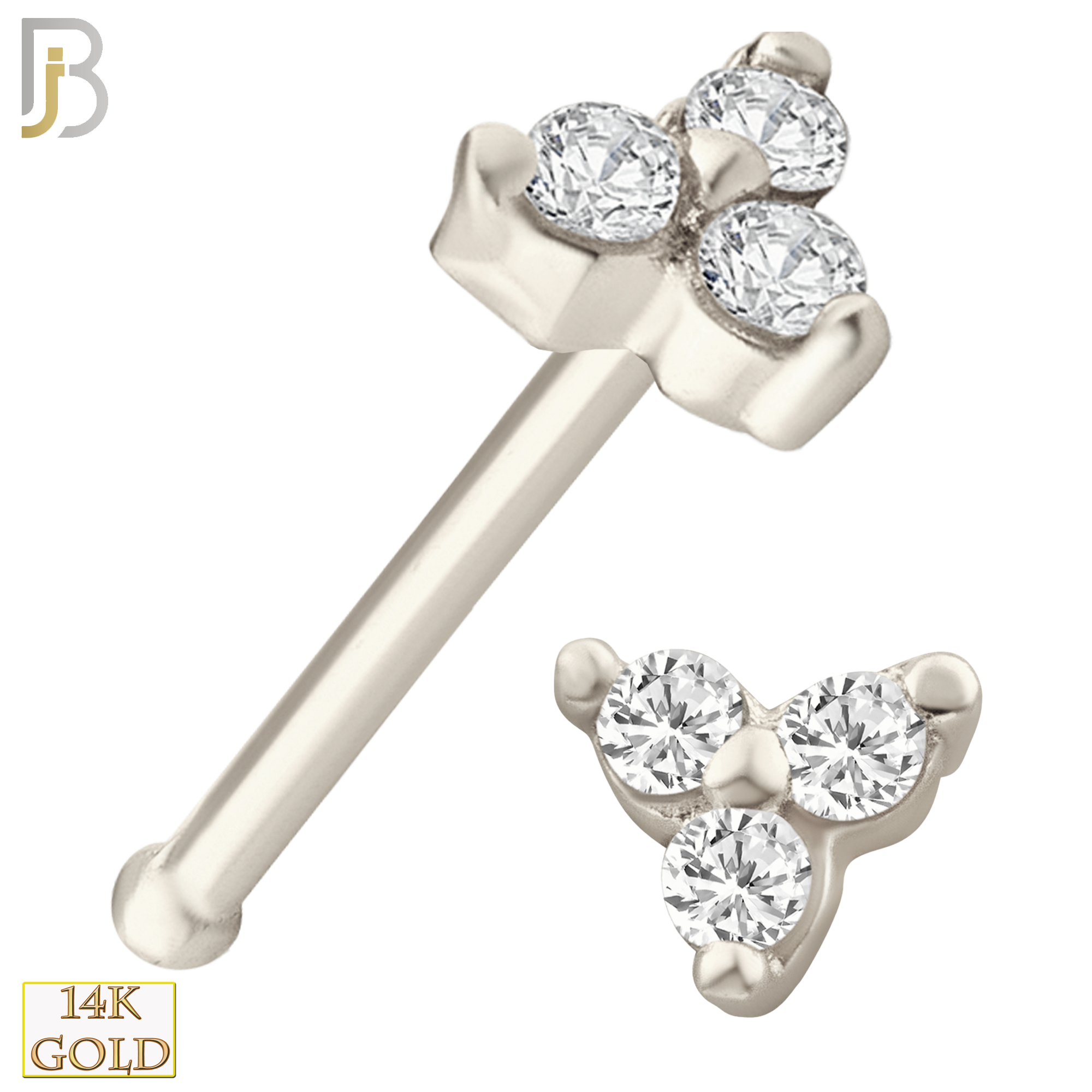 14-NR20BWC - 14k White Gold Prong Setting Three Stone Triangle Shape Nose Bone image 1