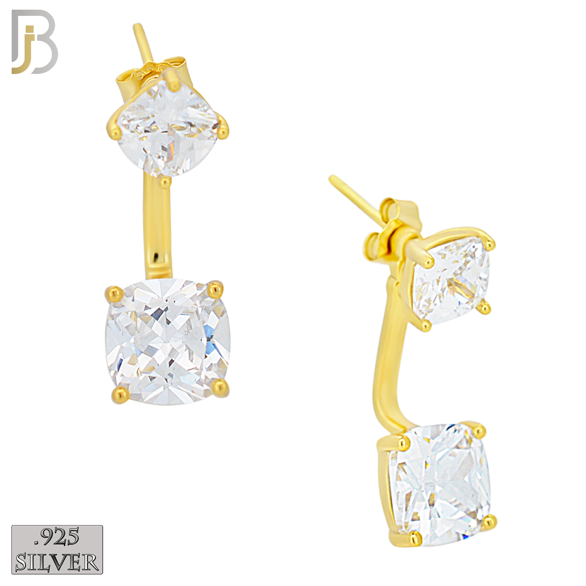 925-ES468 - 925 Sterling Silver Double Curvy Square CZ in Prong Set Push Back L-Dangle Earring image 1
