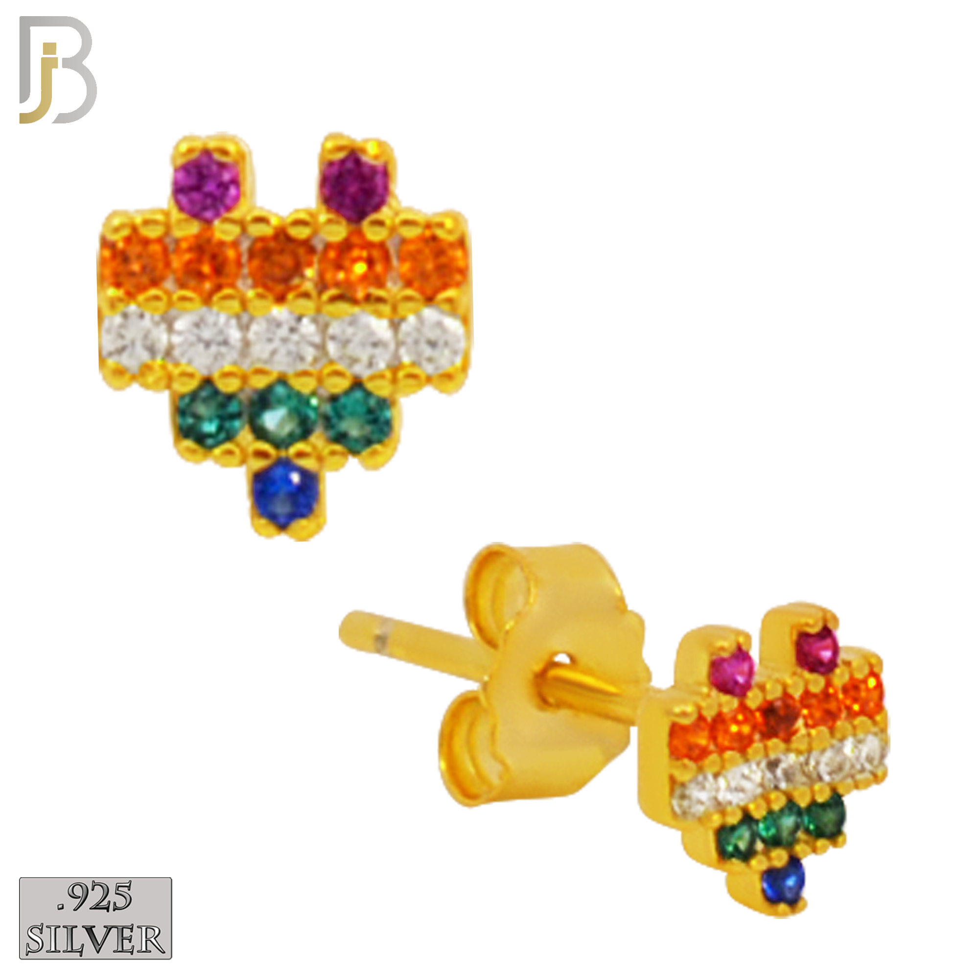 925-ES228S – 925 Sterling Silver Pixelated Heart Design Earring Stud with Multi Colored Zircon image 2