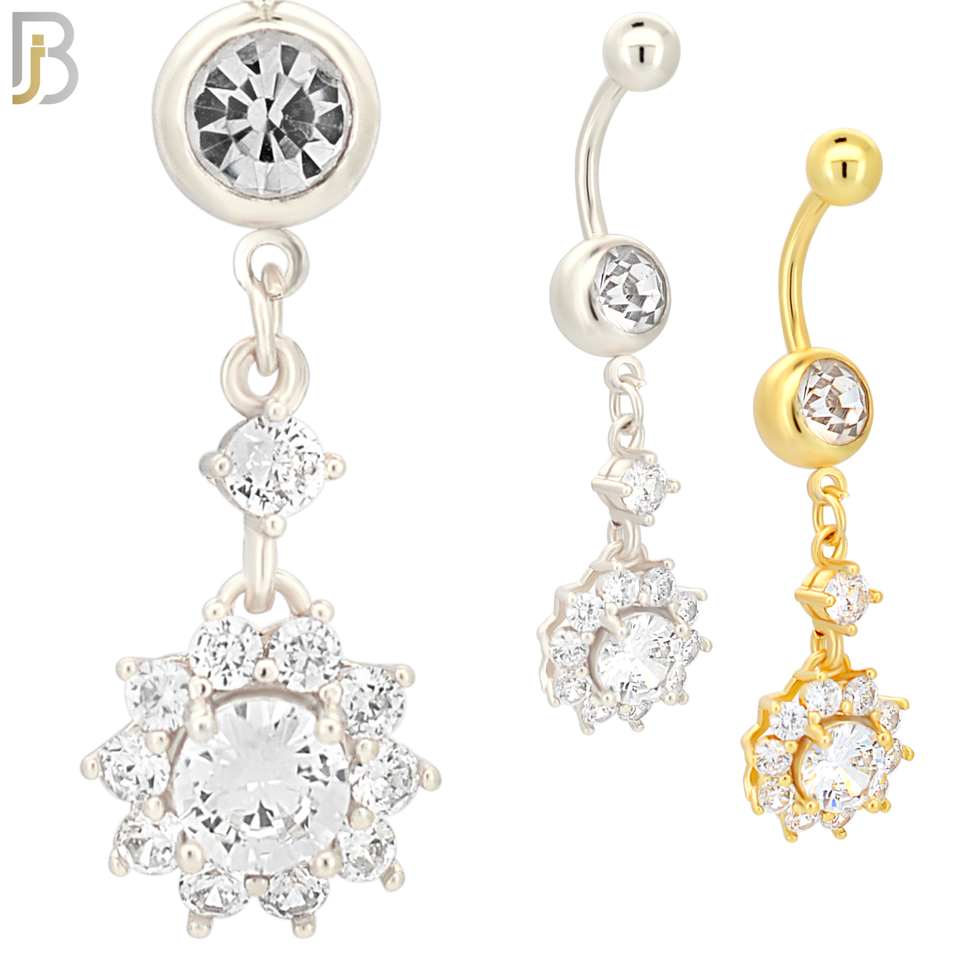 N009 - 316L Stainless Steel Dangling Prong Setting Flower Zircon Design Belly Ring with 4mm Screw Ball image 0