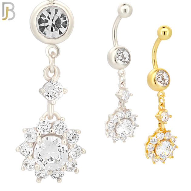 N009 - 316L Stainless Steel Dangling Prong Setting Flower Zircon Design Belly Ring with 4mm Screw Ball image 0