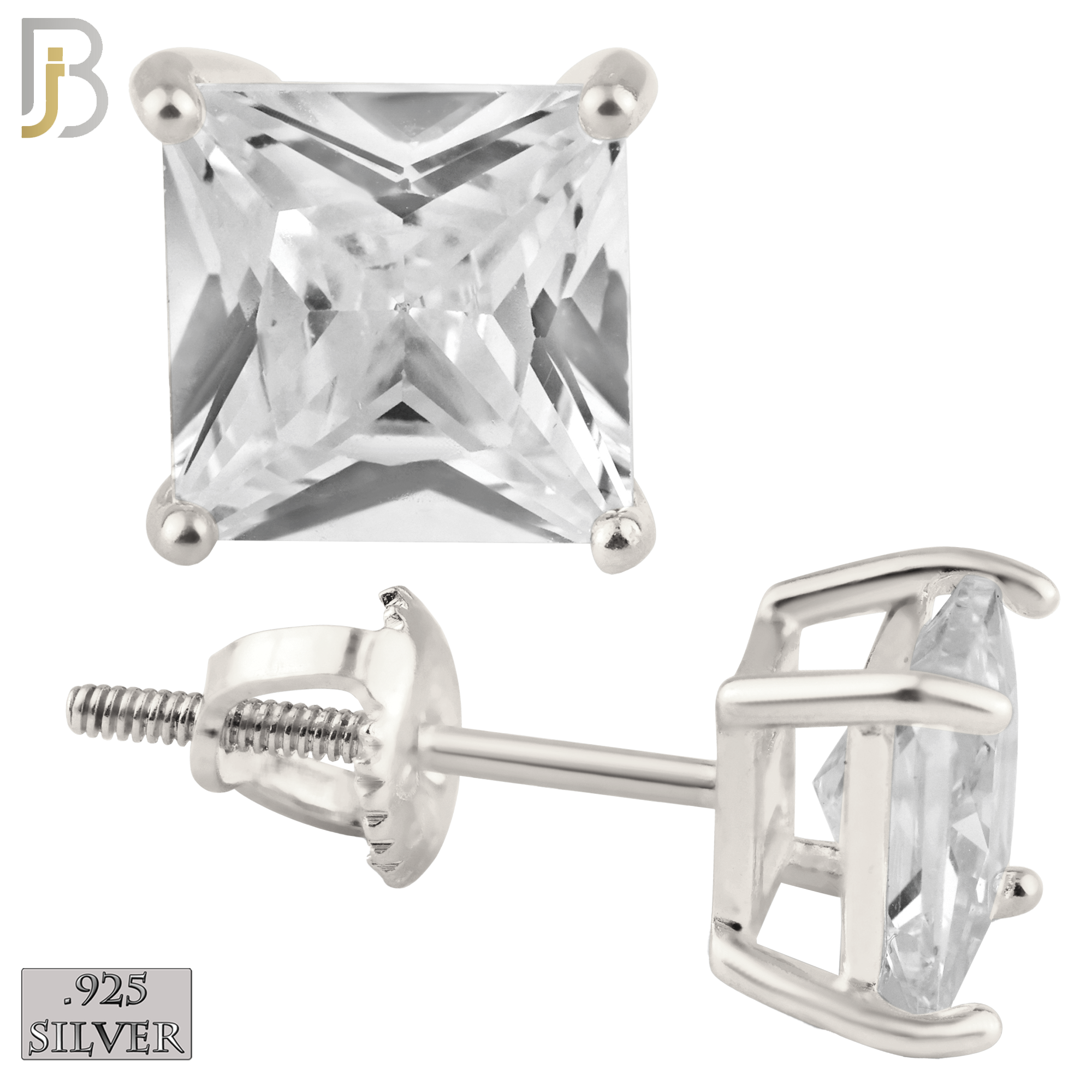 925-ES80-SC - .925 Sterling Silver Screw Back Stud Earrings with Square Clear Zircon in Casting Prong Setting image 0