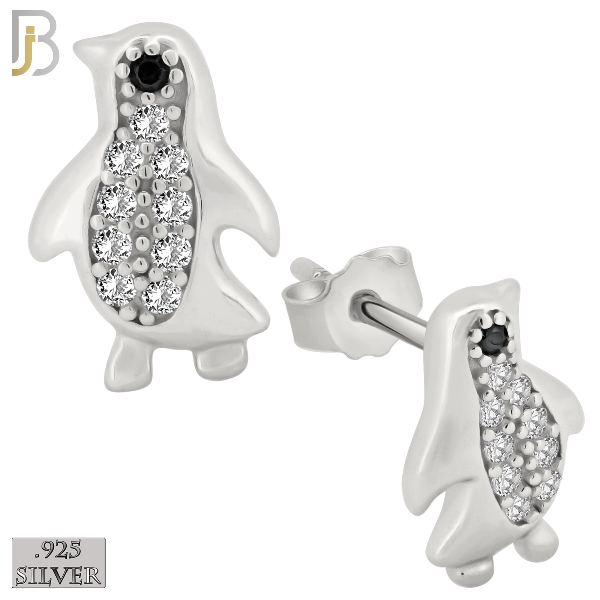 925-ES303 - .925 Sterling Silver Penguin with Zircon Design Stud Earrings image 1