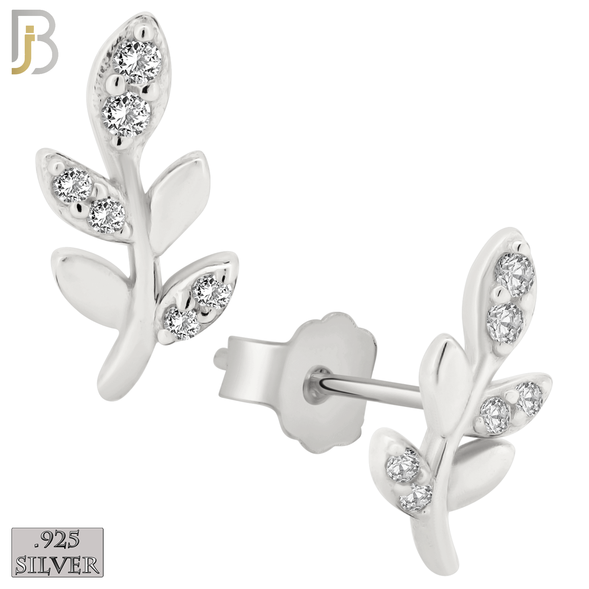 925-ES262 - .925 Sterling Silver Vine Leaf with Zircon Design Earrings Stud image 1