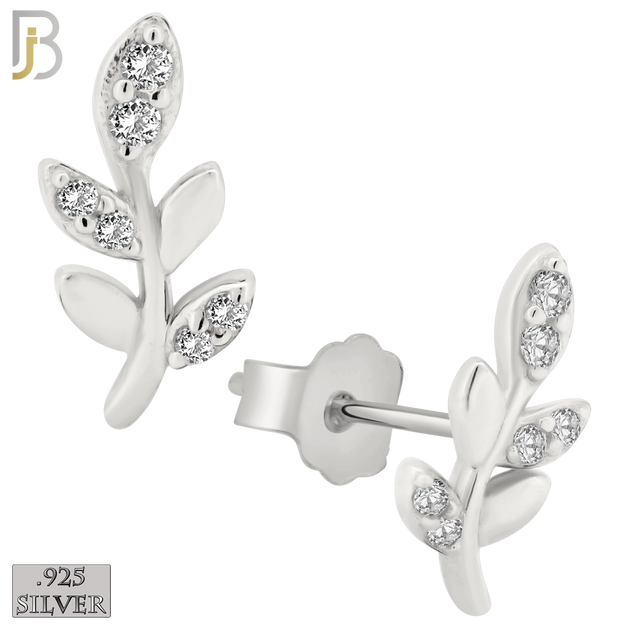 925-ES262 - .925 Sterling Silver Vine Leaf with Zircon Design Earrings Stud image 1