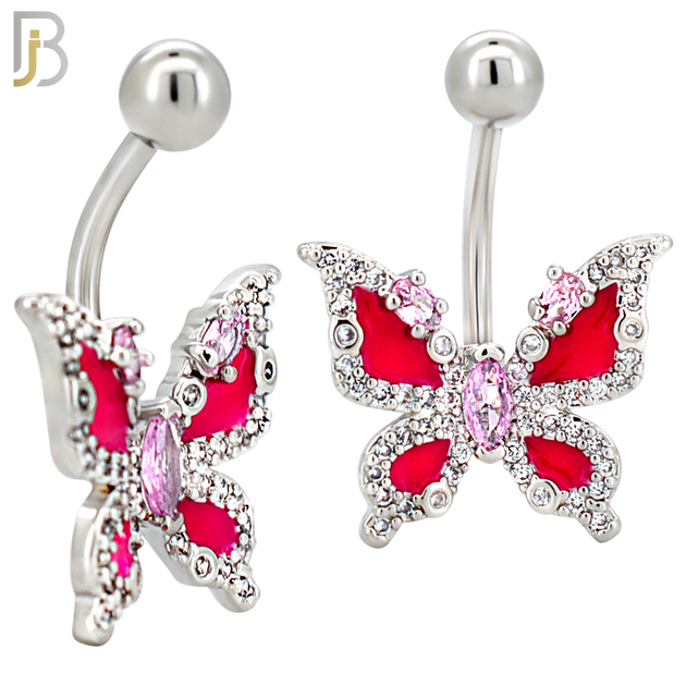 NB126 - 316L Surgical Steel Butterfly with Fuchsia Enamel Wings and Pink Marquise CZ Center image 2