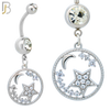 N0119 - 316L Stainless Steel Dangling Star and Moon in Hollow Ring with Multi Zircon Belly Ring - Steel image