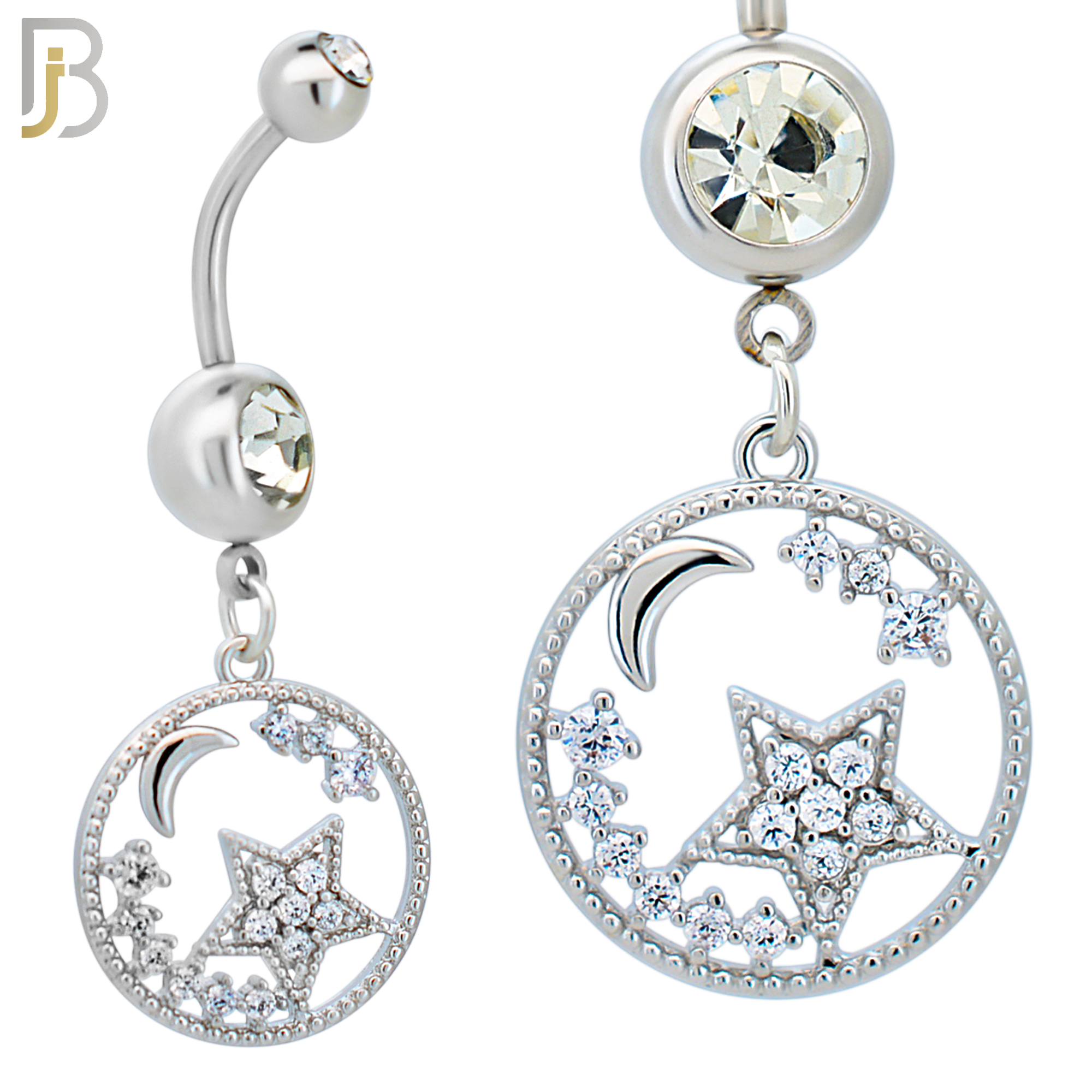 N0119 - 316L Stainless Steel Dangling Star and Moon in Hollow Ring with Multi Zircon Belly Ring - Steel image