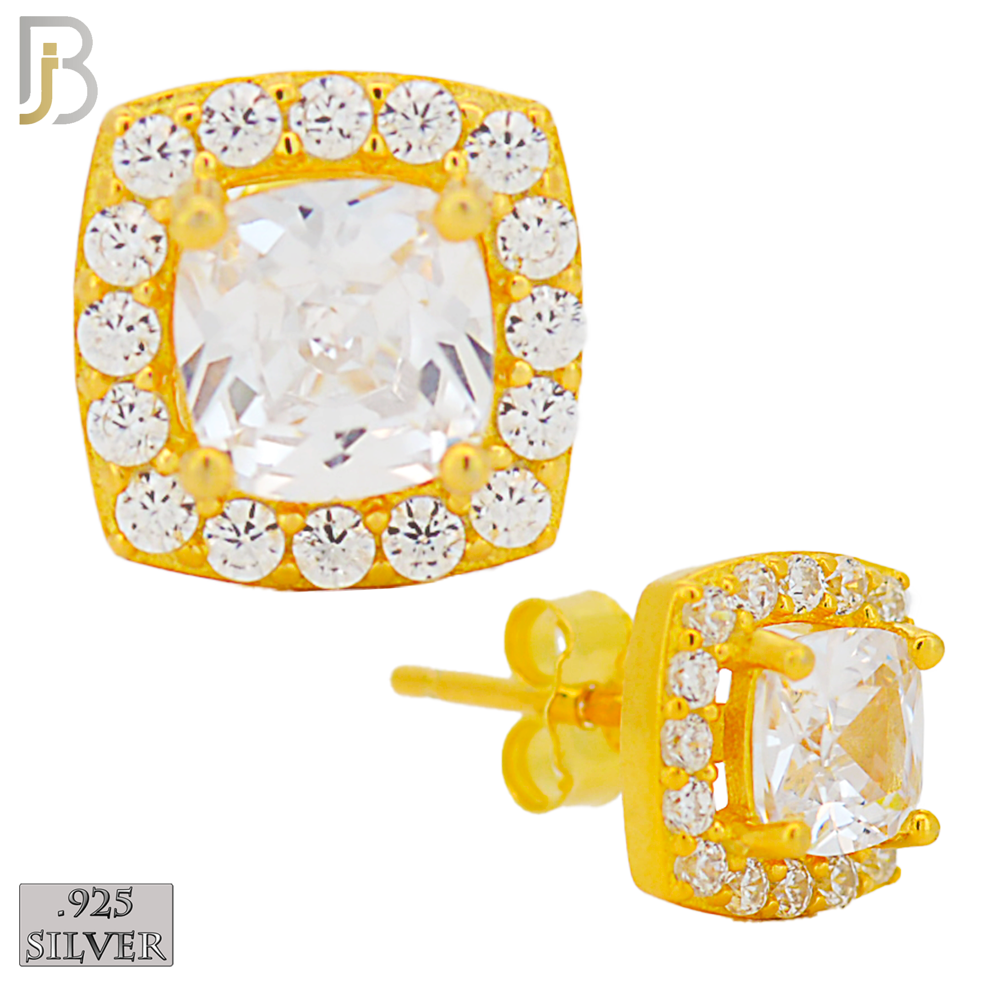 925-ES271- .925 Sterling Silver Rounded Edge Square with Multi Zircon Design Earrings Stud image 2