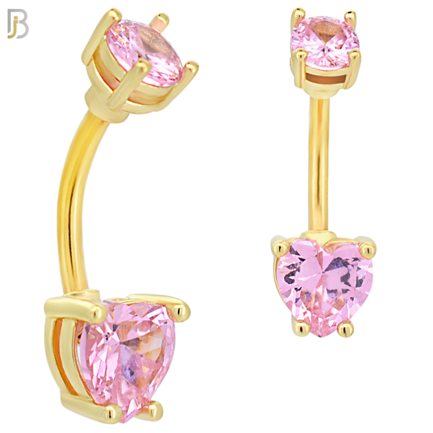 NB06G - 316L Stainless Steel Gold Plated Heart Prong Setting Zircon  Banana Belly Navel Ring (PACK OF 6) image 6