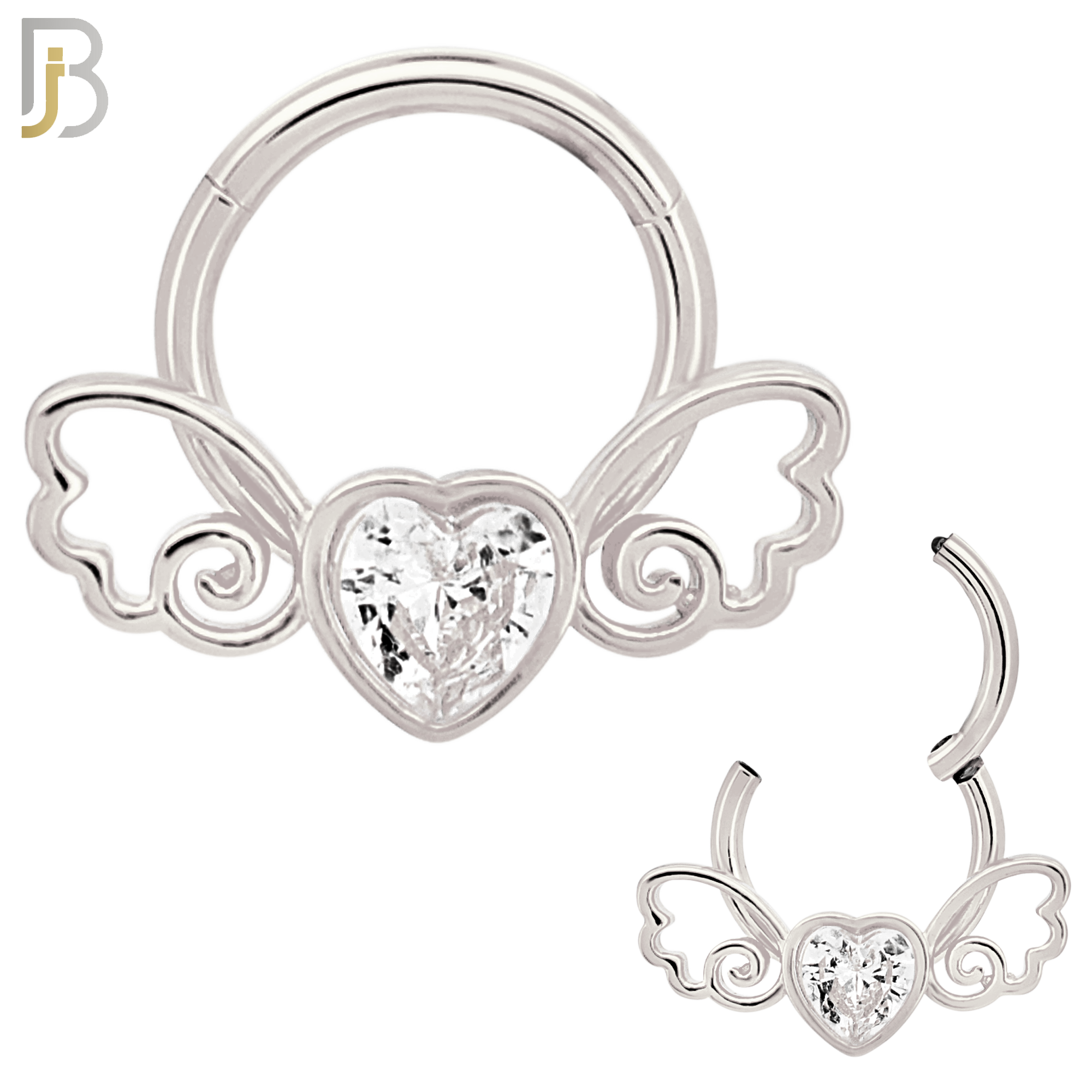 CT124 - 316 Surgical Steel Heart Shaped CZ in Bezel Set with Wings Hinged Hoop  (Pack of 6) image 1