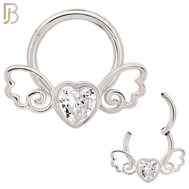 CT124 - 316 Surgical Steel Heart Shaped CZ in Bezel Set with Wings Hinged Hoop  (Pack of 6) image 1