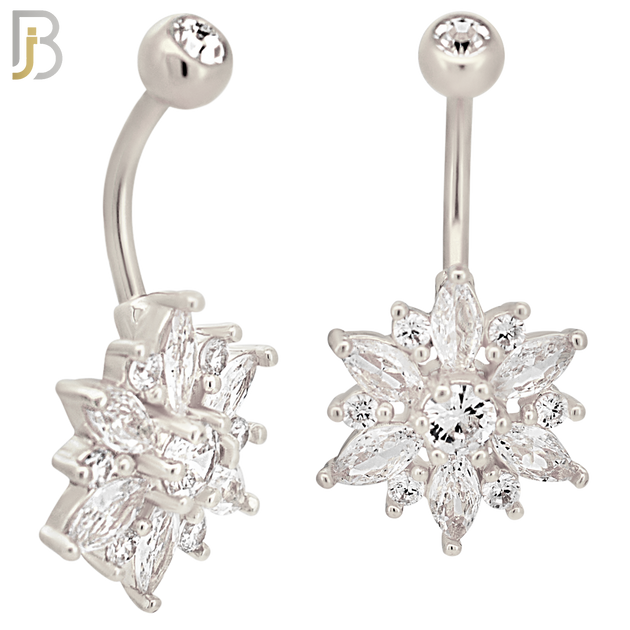 NB68 - 316L Stainless Steel Banana Belly Ring with Lotus Flower Design Cubic Zirconia image 1