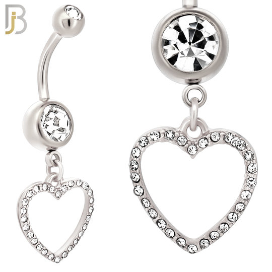 N026  - 316L Stainless Steel Dangling Hollow Heart with Zircon Design Belly Ring with 4mm Screw Ball image