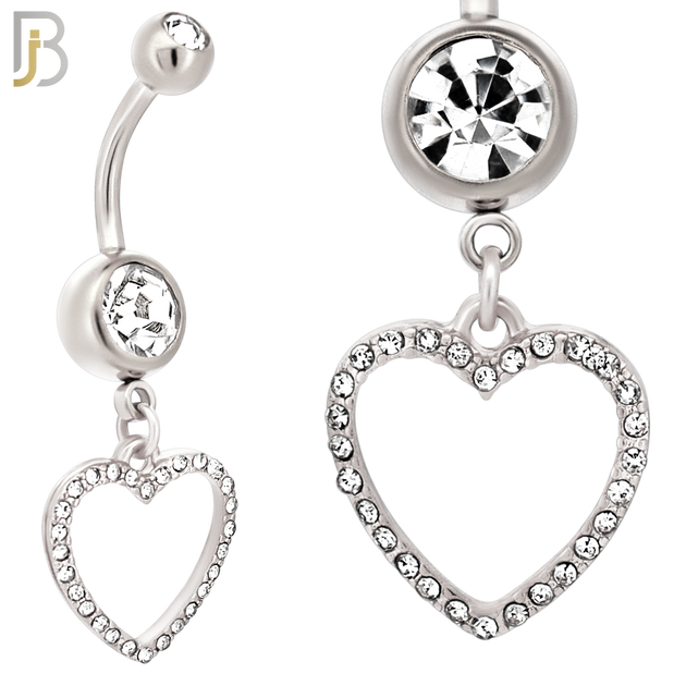 N026  - 316L Stainless Steel Dangling Hollow Heart with Zircon Design Belly Ring with 4mm Screw Ball image