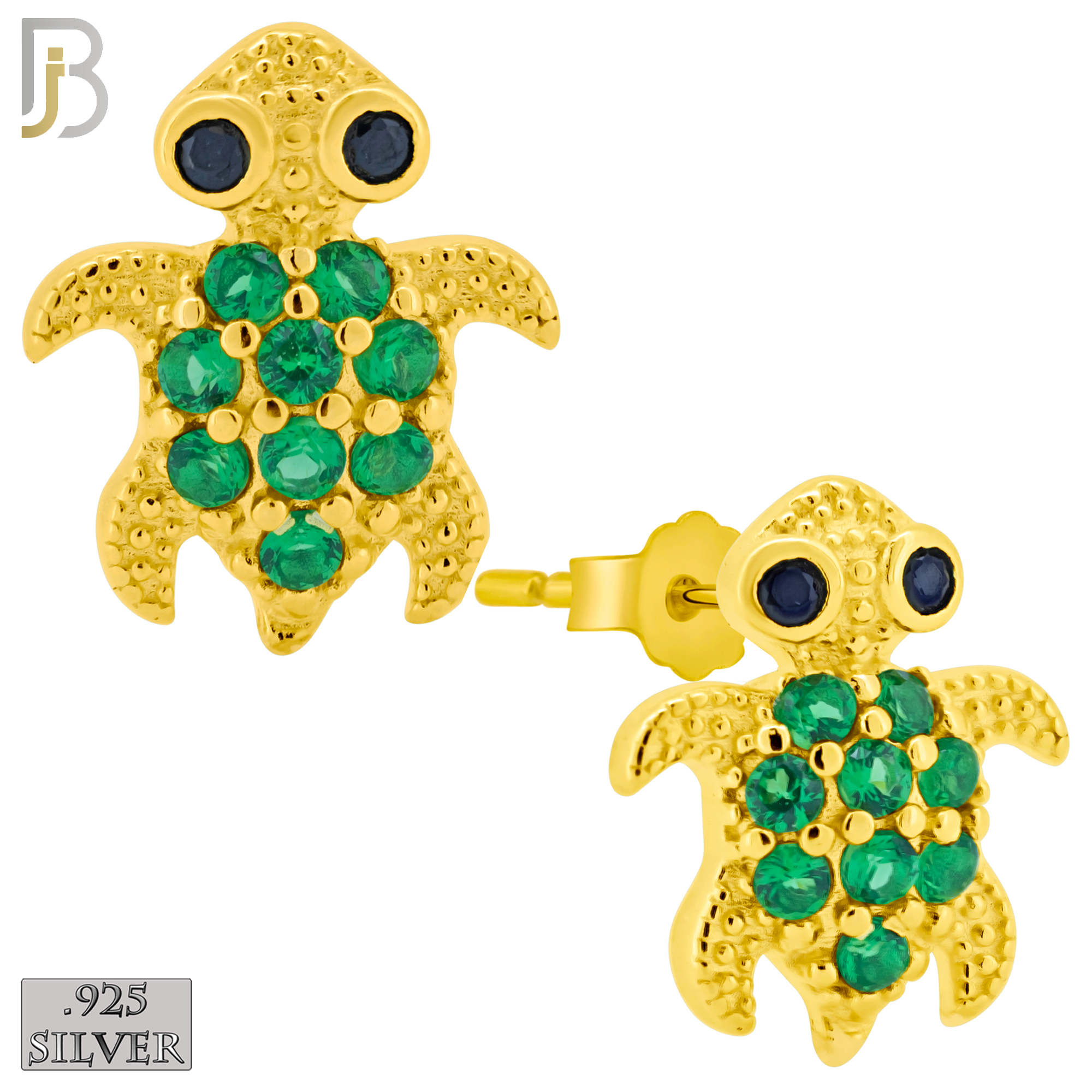 925-ES195 - Push Back - .925 Sterling Silver Turtle Design Earring Stud with Green Zircon image 2