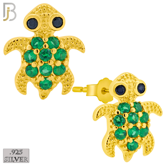 925-ES195 - Push Back - .925 Sterling Silver Turtle Design Earring Stud with Green Zircon image 2