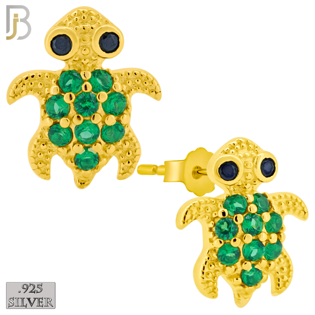 925-ES195 - Push Back - .925 Sterling Silver Turtle Design Earring Stud with Green Zircon image 2