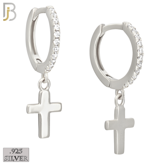 925-ES480 - 925 Sterling Silver Dangling Plain Cross with CZ Studded Hoop Earrings image 0