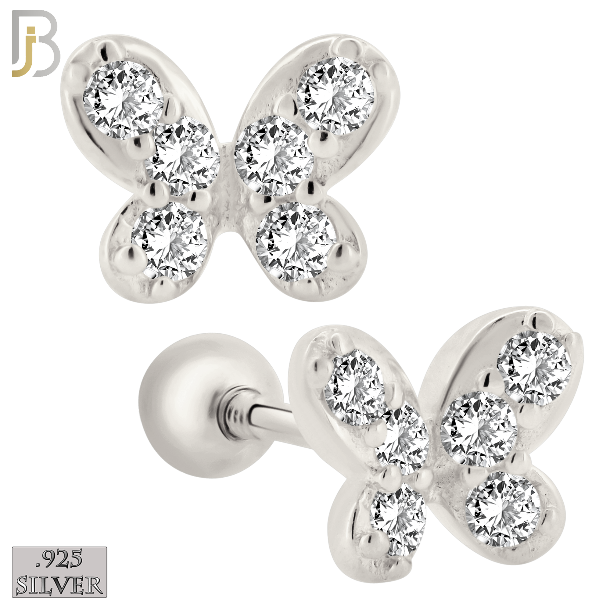 925-ES421 - Screw Ball Back - 925 Sterling Silver Butterfly with Multi CZ Stud Earrings image 0