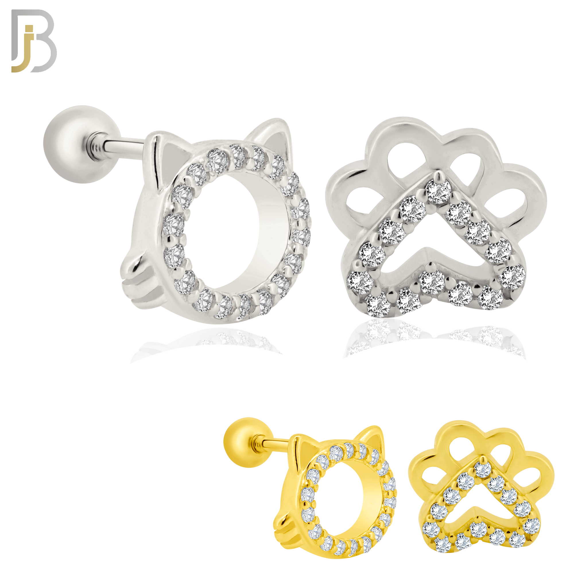 925-ES217 – Screw Ball Back - .925 Sterling Silver Cat Head and Paw Mismatched Design Earring Stud with Zircon image 0