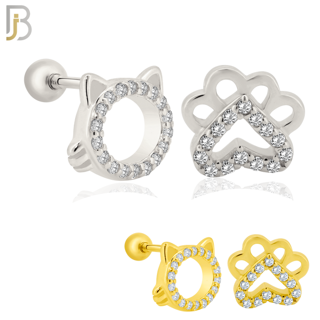 925-ES217 – Screw Ball Back - .925 Sterling Silver Cat Head and Paw Mismatched Design Earring Stud with Zircon image 0