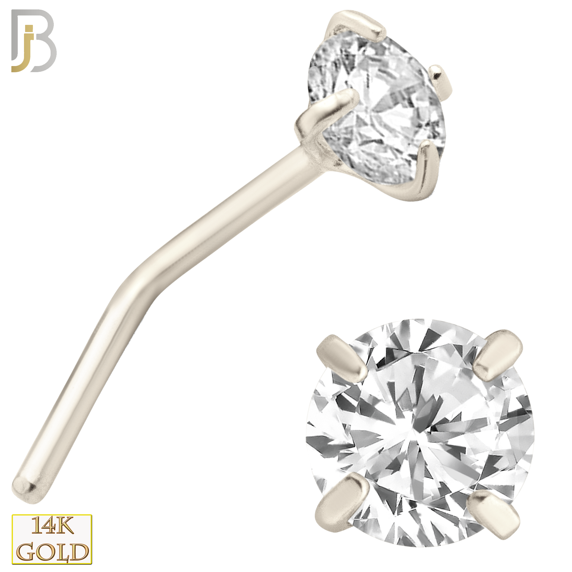 14-NR10CW-22 14k Solid White Gold 22g Prong Setting  Round Cubic Zircona L-Shape - 3.5mm image