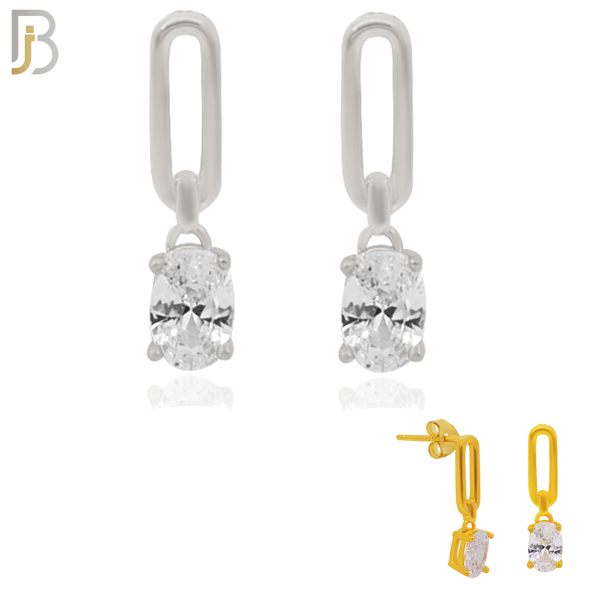 925-ES273- .925 Sterling Silver Oval Top with Dangling Prong Oval Zircon Design Earrings Stud image 0