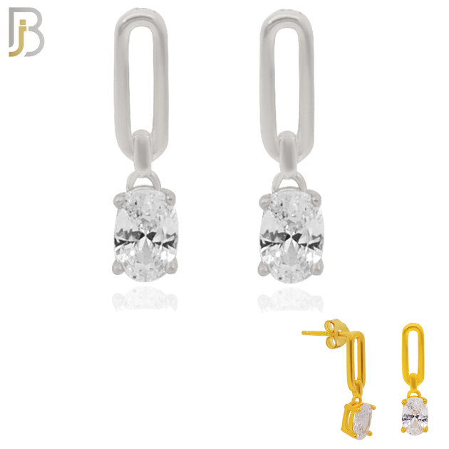 925-ES273- .925 Sterling Silver Oval Top with Dangling Prong Oval Zircon Design Earrings Stud image 0