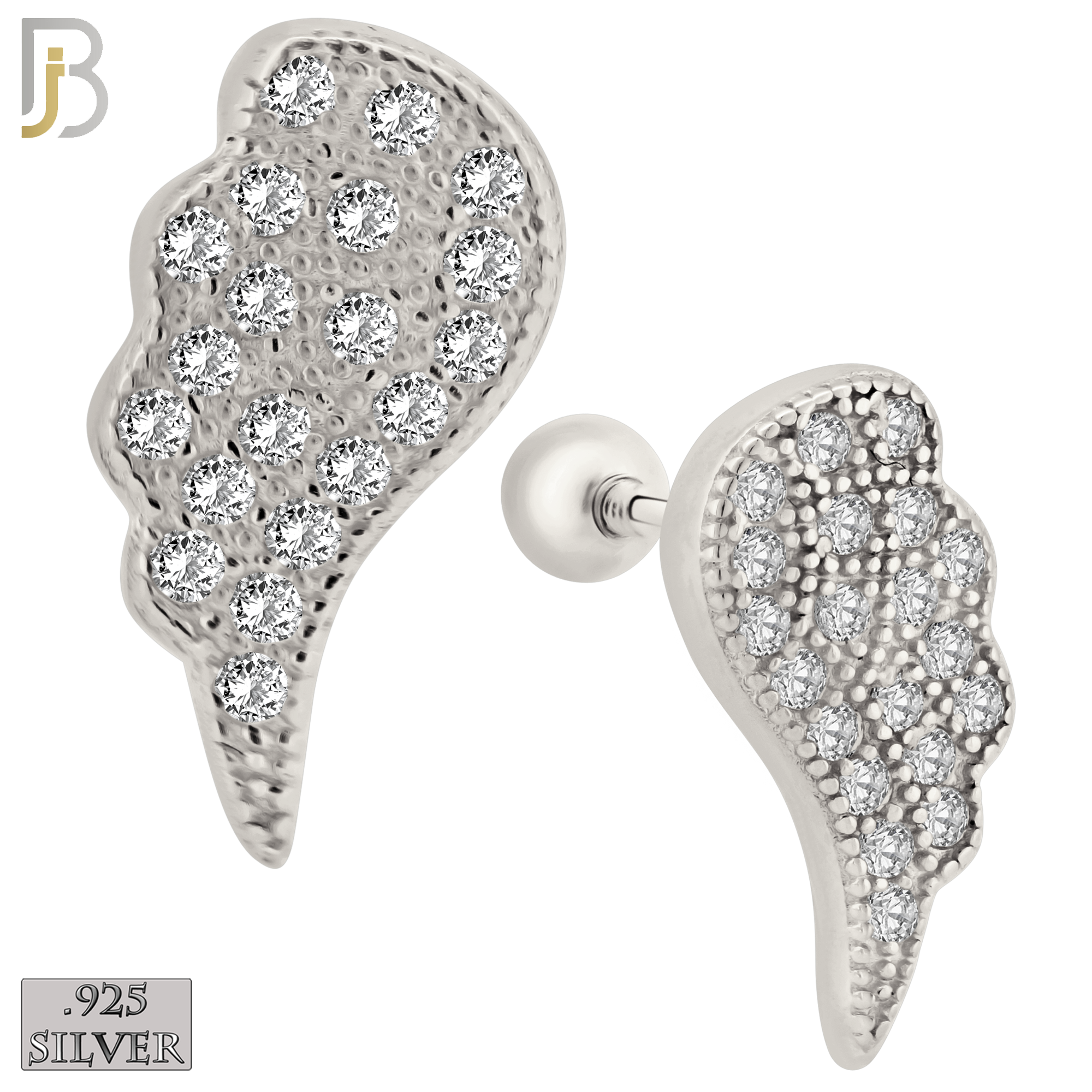 925-ES414 - Screw Ball Back -  925 Sterling Silver CZ Studded Angel Wings Stud Earrings image 0