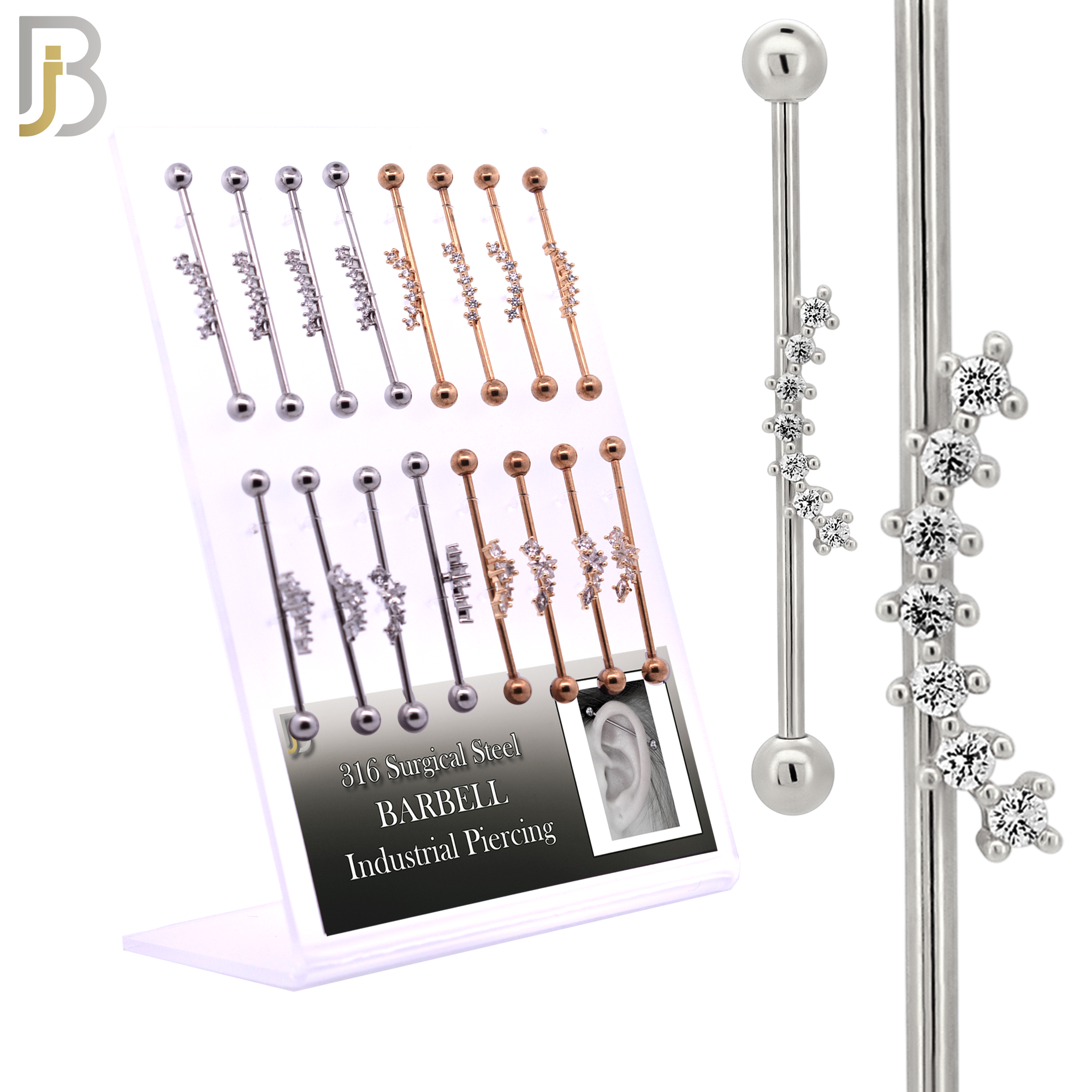PK-BB57 - 316L Surgical Steel Screw Bar with Two Design Industrial Barbell in Steel & Gold Plated Colors Pack of 16 pcs image 0
