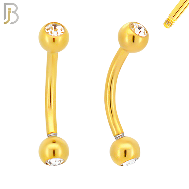 EC03GC - 316L Surgical Steel Gold Plated Curved Plain Barbell Screw Ball with Zircon External Threaded (PACK OF 6) image 0