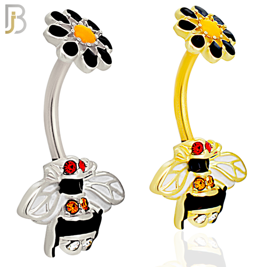 NB48 - 316L Stainless Steel Bee Design with Flower Tail Banana Belly Navel Ring image 0