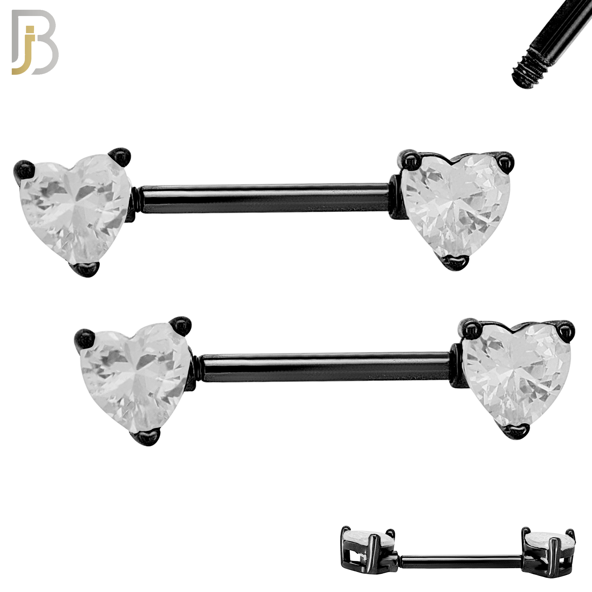 NP03K - 316L Surgical Steel Black Plated Screw Prong Heart Zircon Nipple Ring Piercing image 2