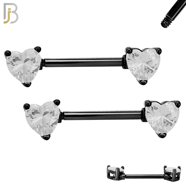 NP03K - 316L Surgical Steel Black Plated Screw Prong Heart Zircon Nipple Ring Piercing image 2