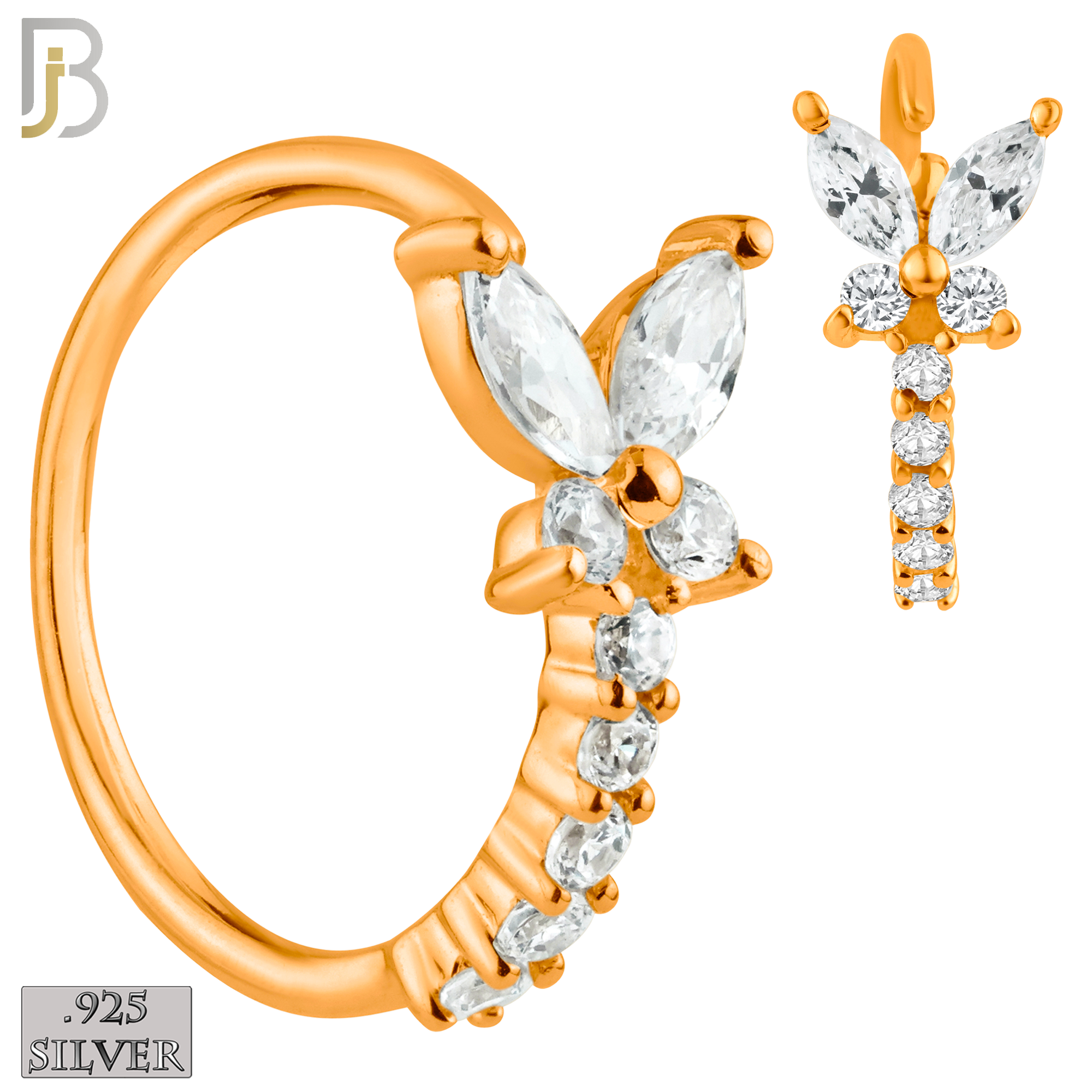 925-CT66 - 925 Sterling Silver Butterfly with 5 Zircon Line Nose Hoop (PACK OF 6) image 2