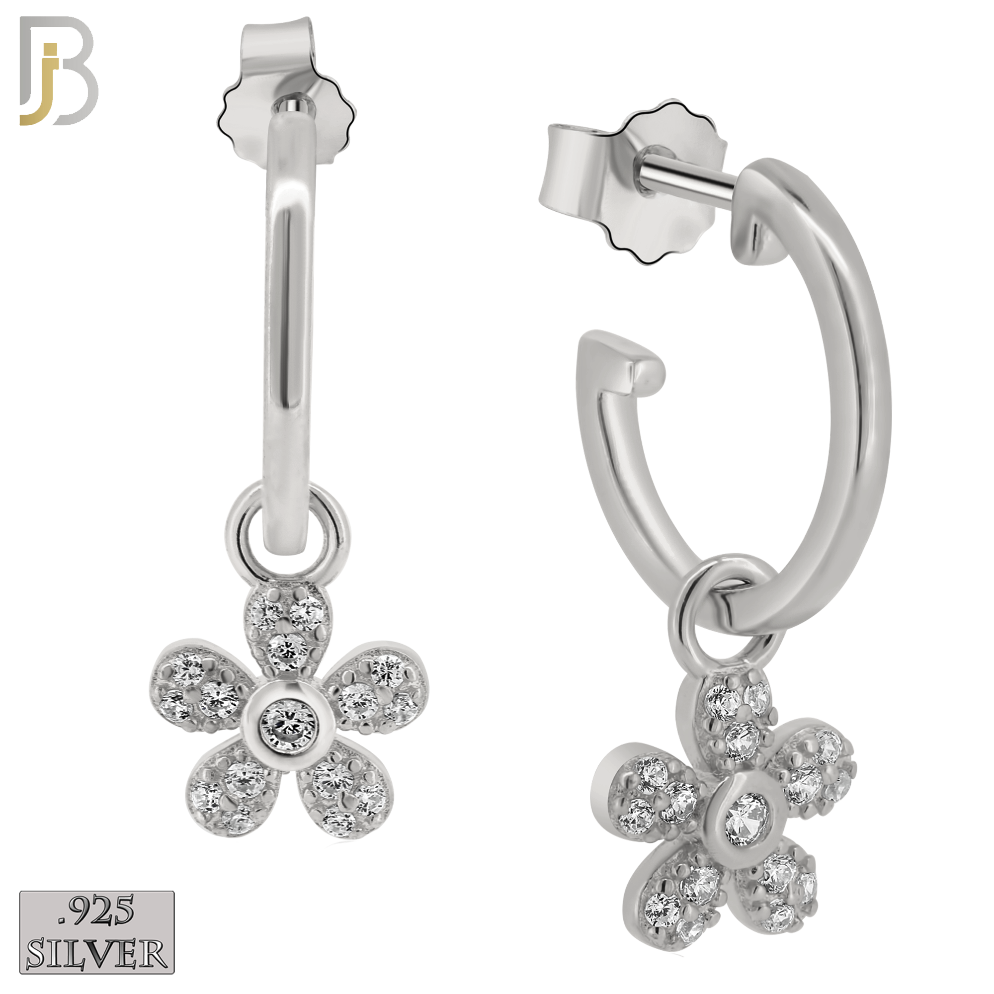 925-ES272- .925 Sterling Silver Half Hoops with Dangling Flower with Zircon Design Earrings Stud image 1