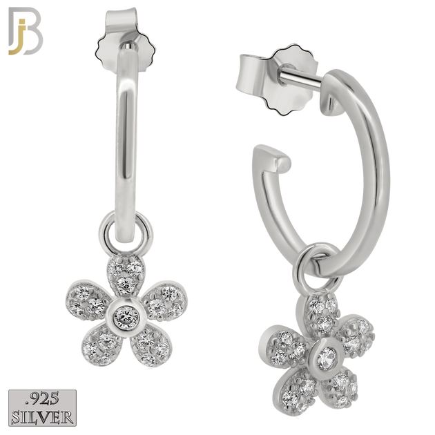 925-ES272- .925 Sterling Silver Half Hoops with Dangling Flower with Zircon Design Earrings Stud image 1